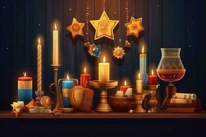 candeliere con ardente candele per Hanukkah, ai generato foto