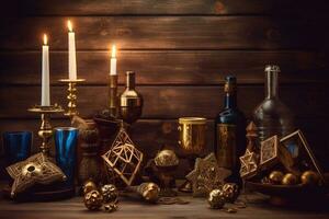 candeliere con ardente candele per Hanukkah, ai generato foto