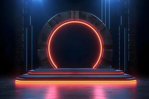 3d futuristico podio per tecnologia Prodotto Schermo nel nero sfondo con neon luce. ai generato foto