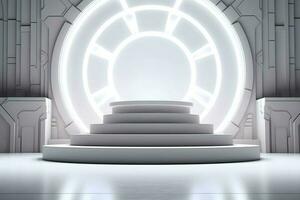 3d rendere bianca fantascienza Prodotto Schermo podio con sfondo futuristico foto