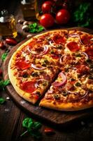 spazio italiano pasto veloce cibo nero sfondo Italia Pizza cibo formaggio copia pomodoro. generativo ai. foto