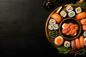 salutare cibo giapponese riso rotolo fresco pesce asiatico Sushi frutti di mare. generativo ai. foto
