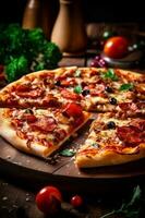 formaggio fatti in casa pasto Pizza veloce italiano cibo cibo copia pomodoro sfondo spazio nero. generativo ai. foto