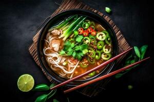 verdura la minestra ciotola pasto piatto asiatico cibo giapponese spaghetto sfondo piccante. generativo ai. foto
