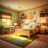 3d rendere di carino camere da letto con del desktop illustrazioni, carino bambini Camera da letto illustrazioni foto