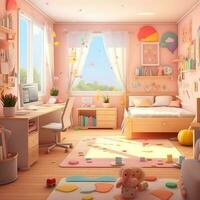 3d rendere di carino camere da letto con del desktop illustrazioni, carino bambini Camera da letto illustrazioni foto