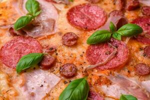 delizioso fresco forno al forno Pizza con salame, carne, formaggio, pomodori foto