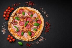 delizioso fresco forno al forno Pizza con salame, carne, formaggio, pomodori foto