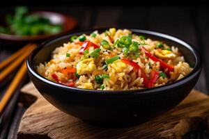 asiatico salutare riso Cinese mangiare verdura fritte riso cena cibo pasto. generativo ai. foto