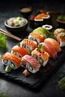 pasto Sushi riso pesce impostato frutti di mare Giappone cibo rotolo giapponese. generativo ai. foto