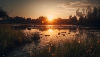 tramonto al di sopra di tranquillo stagno, natura bellezza riflessa generato di ai foto