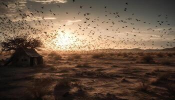 silhouette di volante animale nel polveroso africano tramonto generato di ai foto