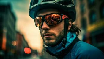 fiducioso giovane atleta Ciclismo attraverso città traffico generato di ai foto