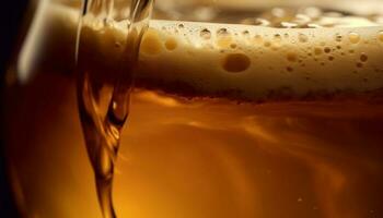 d'oro liquido gocce nel schiumoso birra bicchiere generato di ai foto