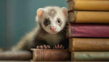 soffice gattino seduta su libreria, guardare curioso generato di ai foto