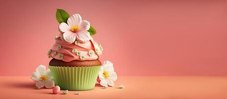 primavera vacanza cupcakes con fiori e spruzzatori su un' rosa sfondo. generativo ai. un' posto per il tuo testo. foto