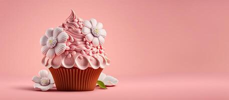 primavera vacanza cupcakes con fiori e spruzzatori su un' rosa sfondo. generativo ai. un' posto per il tuo testo. foto