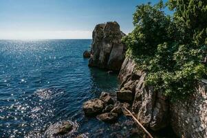 paesaggio. mare onde battere contro il rocce su quale alberi crescere. il nero mare. Crimea. foto