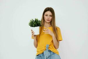 bella dai capelli rossi donna fiore con un' pentola nel sua mani leggero sfondo foto