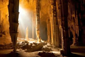 azione foto di un' design dentro grotta mostrare stalattiti e stalagmiti fotografia generato ai