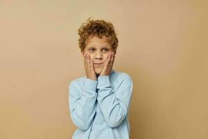 foto di giovane ragazzo nel un' blu maglione in posa divertimento isolato sfondo