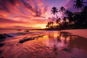 Alba su tropicale spiaggia con rosa cielo. generativo ai. foto