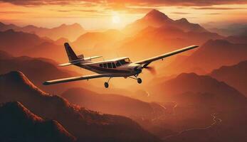 aereo volante al di sopra di montagna gamma a tramonto generato di ai foto