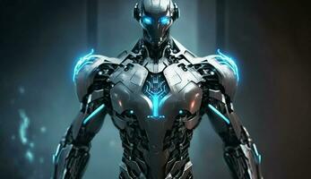 futuristico cyborg con robotica braccio guarda direttamente avanti generato di ai foto