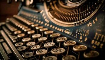 antico macchina da scrivere vicino su di metallo barre dei tipi digitando testo generato di ai foto