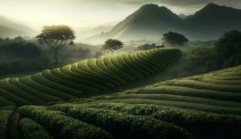 rurale scena verde paesaggio tè Ritaglia tranquillo alba generato di ai foto