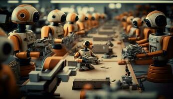 robotica giocattolo figurine in piedi nel un' riga futuristico generato di ai foto
