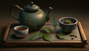 tè le foglie macerazione nel un' classico teiera generato di ai foto