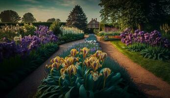 natura bellezza fioriture nel un' formale giardino generato di ai foto