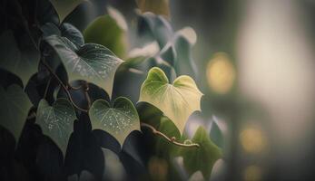 verde albero ramo con rugiada gocce nel luce del sole generato di ai foto