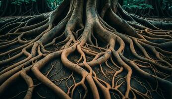 radici intrecciate vecchio albero tronco crescita nel natura generato di ai foto
