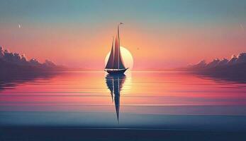 tramonto barca a vela su tranquillo acqua con riflessione ,generativo ai foto