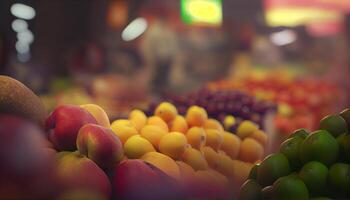 vicino su frutta e verdure nel supermercato In piedi ,generativo ai foto