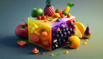 fresco e tropicale frutta nel bloccare geometrico modulo ,generativo ai foto