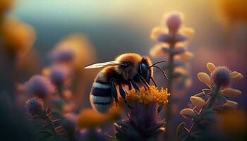 industrioso ape volante nel il giardino ricerca di suo polline ,generativo ai foto