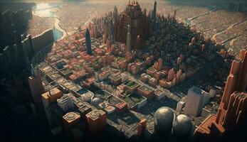un' futuristico città orizzonte illuminato a crepuscolo generato di ai foto