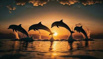 tramonto al di sopra di acqua animale silhouette nel movimento generato di ai foto