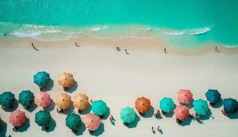 ombrello sabbia e onde tropicale spiaggia Paradiso generato di ai foto