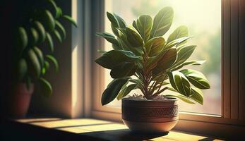 verde in vaso pianta su davanzale luce del sole streaming nel generato di ai foto