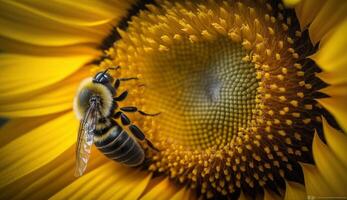 un' singolo giallo fiore ronzii con occupato miele api generato di ai foto