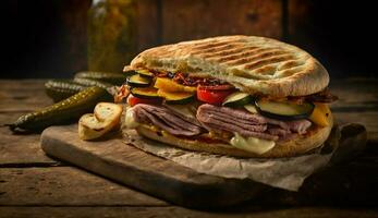 carne Sandwich, grigliato e tostato con verdure ,generativo ai foto