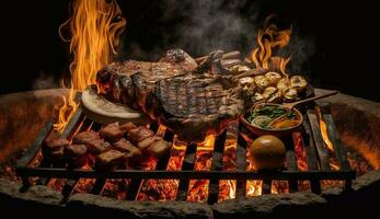 grigliato carne su fuoco, un' estate delicatezza ,generativo ai foto