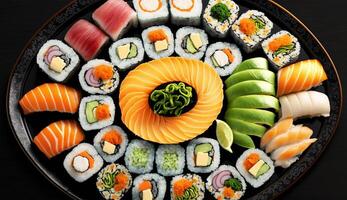 un' fresco frutti di mare pasto con maki, sashimi e Sushi ,generativo ai foto