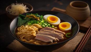 buongustaio Maiale ramen tagliatelle nel cucinato la minestra ciotola ,generativo ai foto