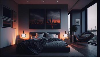 confortevole moderno Camera da letto con elegante decorazione e illuminazione ,generativo ai foto