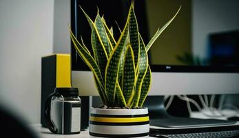 verde in vaso pianta su moderno scrivania per decorazione generato di ai foto